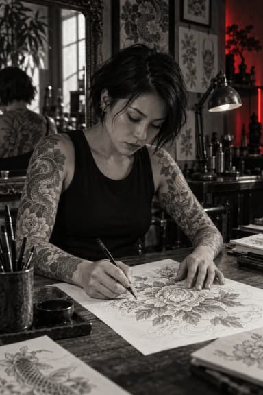 Tattoo artist concentrating on a hand-drawn floral flash design
